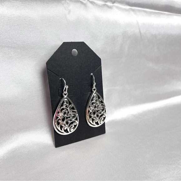 Silver Filigree Teardrop Earrings Nickel- 
Free Hypoallergenic - Picture 4 of 5